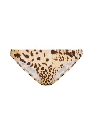 Leopardmuster-Bikinihose mit glatter Textur, tief sitzendem Schnitt und schwarzen Akzenten an den Kanten auf beigem Hintergrund.