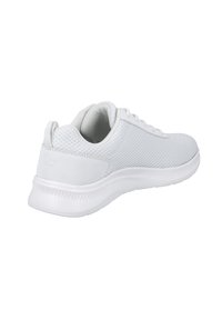 Weißer Sportschuh mit einem atmungsaktiven Mesh-Obermaterial, glattem Zehenbereich, gepolstertem Schuhkragen und einer strukturierten Gummisohle für zusätzlichen Grip.