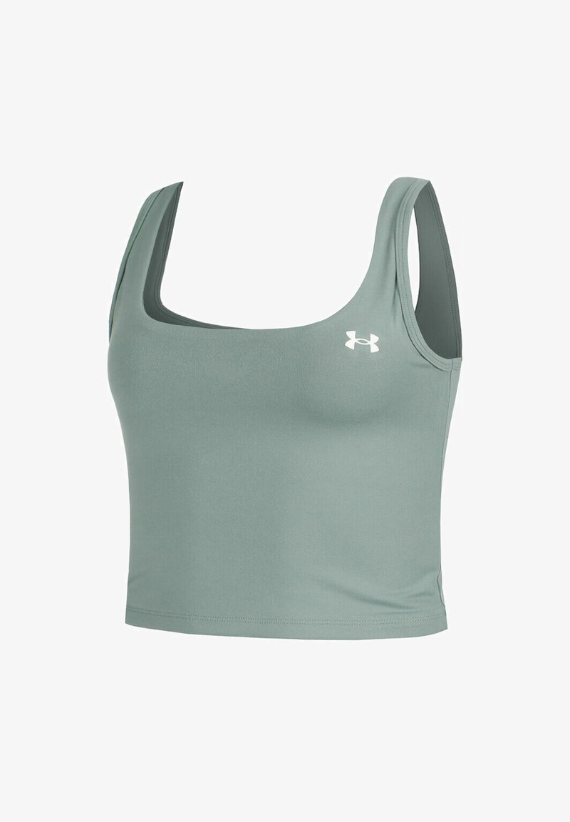 Light green athletic crop top with wide straps, square neckline, and soft, stretchy fabric. Features white logo on the left side.