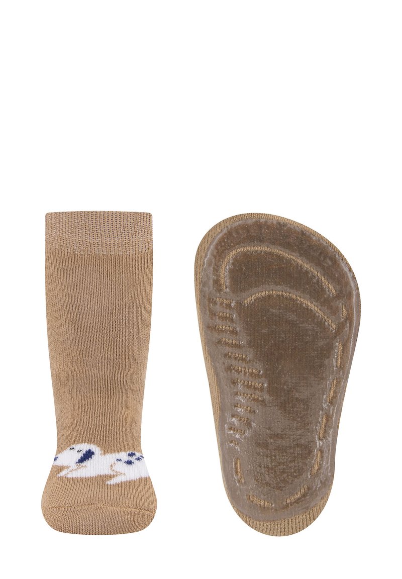 Braune Knöchelsocke mit weißem Entenmotiv; glatte Textur, gerippter Schaft und gepolsterte Sohle mit gemustertem Griff für Halt.