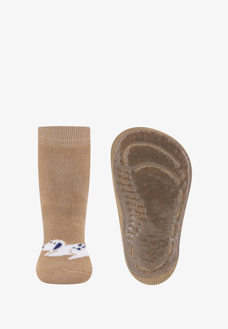 Braune Knöchelsocke mit weißem Entenmotiv; glatte Textur, gerippter Schaft und gepolsterte Sohle mit gemustertem Griff für Halt.