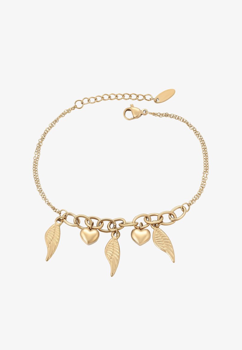 Goldene Kettenarmband mit abwechselnden Herz- und Blattförmigen Charms sowie einem Karabinerverschluss mit verstellbaren Gliedern.