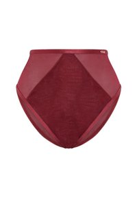 Högmidjade röda mesh-trosor med genomskinliga paneler, slät textur och elastisk midjeband med diskret logodetalj.