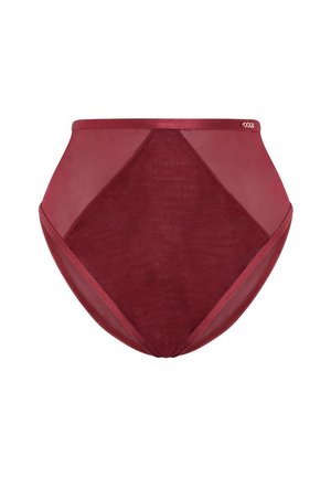 Hochgeschnittene rote Netzunterwäsche mit transparenten Einsätzen, glattem Textur und elastischem Bund mit dezentem Logo-Detail.