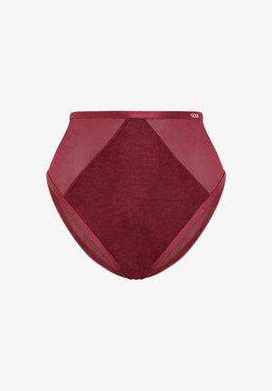 Hoge taille rode mesh slipjes met doorschijnende panelen, een gladde textuur en een elastische tailleband met subtiele logo-details.