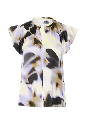 Blouse à manches courtes en tissu léger présentant un fond jaune avec des motifs abstraits noirs, violets et marron. Détail de col en forme de goutte.