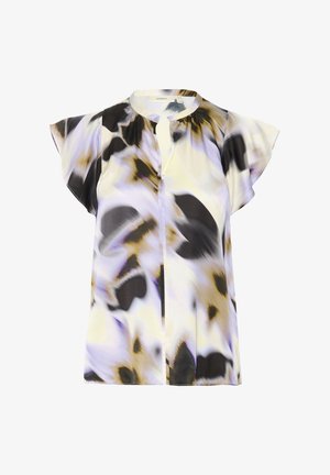 Kratka majica s kratkimi rokavi iz lahke tkanine, ki ima rumeno ozadje z abstraktnimi vzorci v črni, vijolični in rjavi barvi. Detajl z ključavnico na ovratniku.