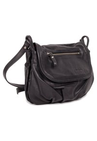Black leather crossbody bag with a soft, crinkled texture, a top flap, and a front zippered pocket. Adjustable strap attached.