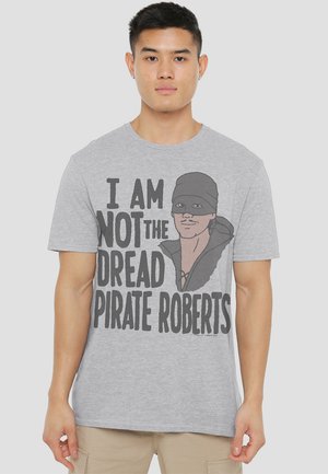 Graues Baumwoll-T-Shirt mit auffälligem schwarzen Text: "ICH BIN NICHT DER GRAUE PIRAT ROBERTS" neben einer Grafik eines Charakters mit Maske.