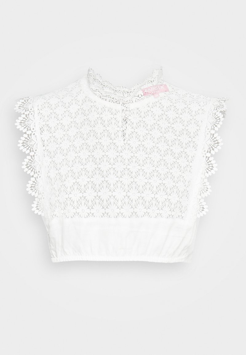Weißes Crop-Top mit aufwändigen Spitzenapplikationen an den Schultern und dem Ausschnitt, mit einem gerafften elastischen Saum und Knopfverschluss.