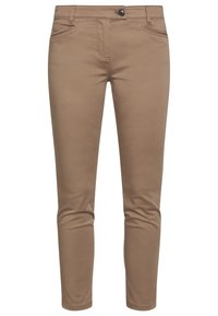 Lichtbruine slim-fit broek van een katoenmix, met vijf zakken, een knoopsluiting en gestikte details.
