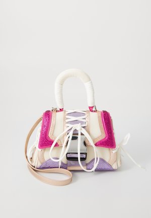 Colorful handbag featuring a structured design, pink and purple accents, textured fabric, and a white handle with lace detailing.