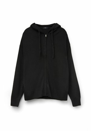 Sudadera negra con cremallera frontal, capucha con cordones y dobladillo de canalé. Hecha de una suave tela de punto con mangas largas.