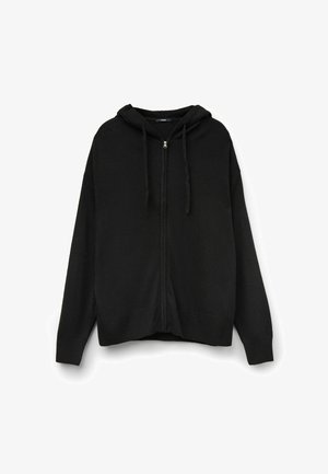Sudadera negra con cremallera frontal, capucha con cordones y dobladillo de canalé. Hecha de una suave tela de punto con mangas largas.