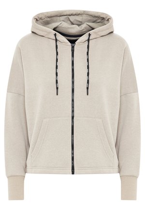 Beige zip-up hættetrøje lavet af blød bomuldsblanding, med snoretræk i hætten, store forlommer, ribbede manchetter og kontrasterende sorte lynlås.