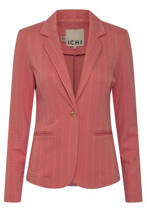 Rosa Blazer mit einem dezenten gestreiften Muster, taillierte Passform, Ein-Knopf-Verschluss und zwei Fronttaschen. Das Material wirkt glatt und leicht.