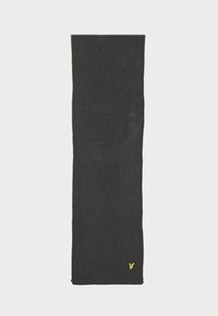 Bufanda de punto gris oscuro con una textura suave y un pequeño logotipo amarillo en un extremo.