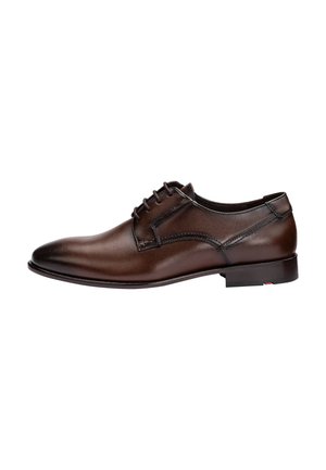 Dark brown leather men's dress shoe with lace-up closure and low heel, shown in side profile on white background.