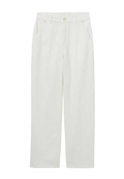 Pantaloni bianchi a gamba dritta realizzati in cotone con una texture liscia. Presentano tasche laterali e una chiusura con un semplice bottone in vita.