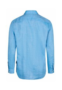 Lichtblauw overhemd met lange mouwen van linnen, voorzien van een button-down kraag en knoopmanchetten, met een iets gestructureerde stof.