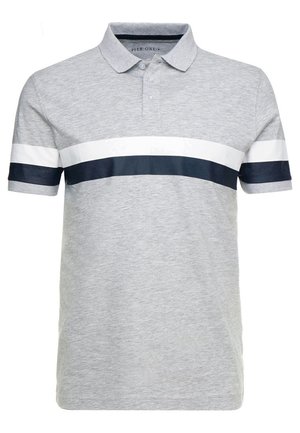 Grå polo shirt lavet af bomuld, med en knapkrave, korte ærmer og brede horisontale striber i hvid og navy hen over brystet.
