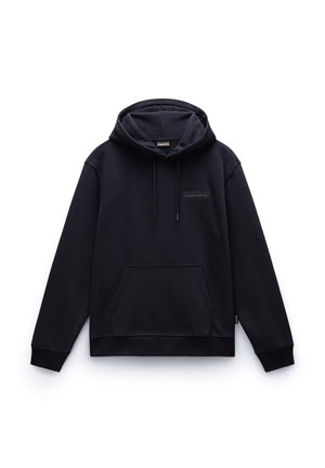 Navy blue hoodie with a front pouch pocket, drawstring hood, and subtle logo on the chest. Soft texture and relaxed fit.