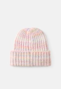 Dziurkowany beanie w pastelowych odcieniach różu, żółci i niebieskiego. Posiada żebrowany wzór i złożony brzeg dla dodatkowego ciepła i tekstury.