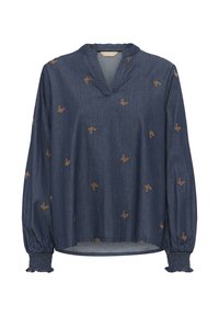 Sötétkék pamut blúz hosszú ujjal, V-kivágással, ráncolt mandzsettával, és arany pillangó hímzéssel.