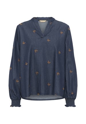 Denimpluus pikkade varudega, V-kaelusega, elastsete mansettidega ja kuldsete liblikate tikandiga tumeda sinise kanga peal.