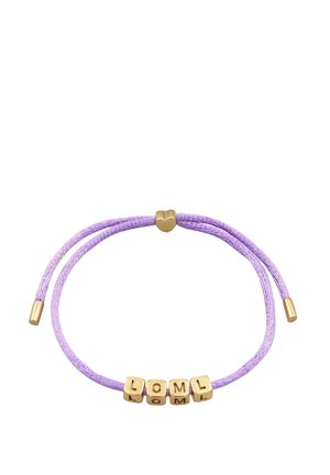 Adjustable light purple cord bracelet with gold heart-shaped slider and gold cube beads spelling "LOML."