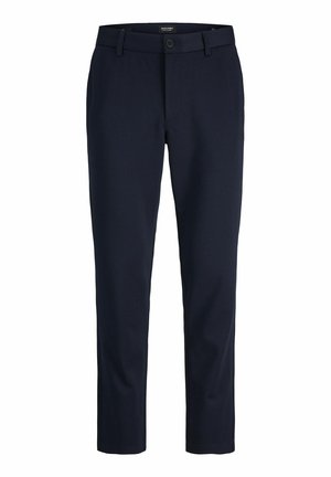 Pantalons bleu marine en tissu lisse, avec une fermeture à bouton sur le devant, des passants de ceinture et des jambes fuselées sans poches.