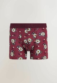 Bordo spalvos bokserinės trumpikės su pakartojamu keptų kiaušinių, skrudintos duonos ir daržovių raštu. Pagamintos iš tamprios medžiagos su prekės ženklo juosmeniu.