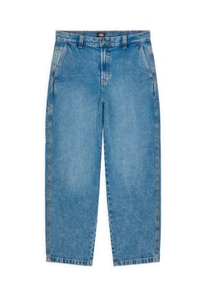 Light blue denim jeans with a straight-leg design. Features front pockets, a zipper fly, and contrast stitching along the seams.