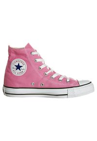 Rosa høyhælte Converse All Star-sko med hvit gummisåle, hvite snøringer og en marineblå stjerne-logo på siden.