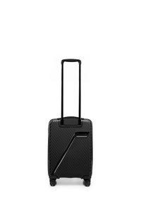 Black hard-shell suitcase with diagonal grooves, telescoping handle, and four swivel wheels for easy maneuverability.