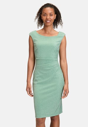 Mint green, form-fitting dress with a scoop neckline, textured fabric, and knee-length hem. Features thin straps and a smooth finish.