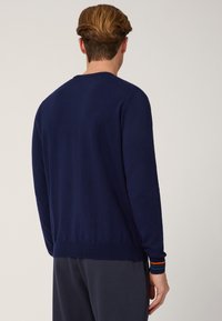 Maglione lavorato a maglia blu navy con maniche lunghe, scollatura rotonda e polsini a costine, caratterizzato da strisce multicolori. Texture morbida con un design aderente.