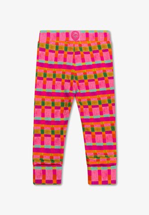 Kleurrijke leggings met een dambordpatroon in roze, oranje, groen en blauwe vierkanten. Rekbaar materiaal met een zachte textuur.
