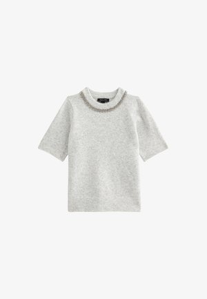 Top corto a maniche corte grigio chiaro in maglia con scollatura testurizzata impreziosita da accenti metallici, orlo a costine e design a girocollo classico.