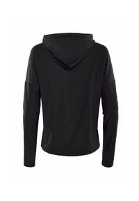 Black hoodie with long sleeves and a lined hood. Made from a smooth fabric, featuring a simple, minimalist design without patterns or hardware.