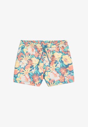 Bañador con estampado floral que presenta un vibrante diseño de flores en tonos rosa, amarillo y azul, con cinturilla elástica y cordón ajustable, además de un detalle de logo.