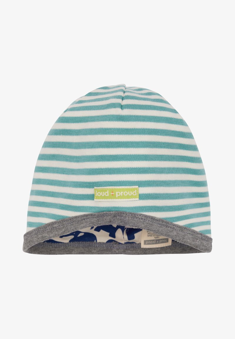 Berretto a righe in cotone aqua e bianco, con un risvolto grigio. Dotato di un'etichetta logo verde e un interno pattern. Morbido al tatto, dalla forma arrotondata.