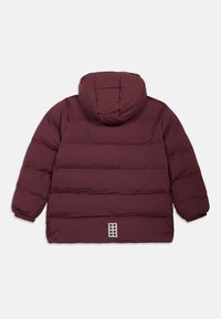 Burgundská péřová bunda s kapucí, která má prošívaný design a elastické manžety. Na zadní straně se nachází výrazné stříbrné kovové detaily.
