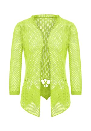 Cardigan verde lime, cu tricot deschis, cu mâneci până la trei sferturi și decolteu în V. Include un tiv ciupit și un model în diamant cu o decupare unică.