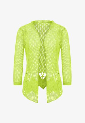 Lime vihreä, avonainen neulecardigan, jossa on kolme neljäsosaa hihat ja V-muotoinen kaula-aukko. Sisältää aaltoilevan helman ja timanttikuosin, jossa on ainutlaatuinen aukko.