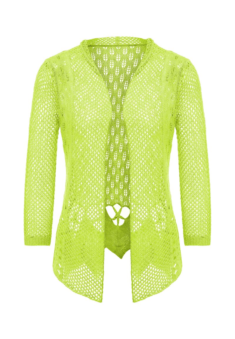 Cardigan aperto di colore verde lime, con maniche tre quarti e scollatura a V. Presenta un orlo ondulato e un motivo a rombi con un taglio unico.