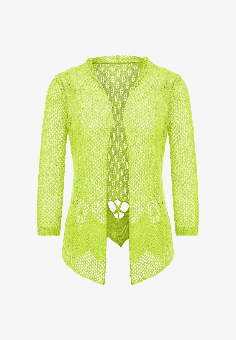 Cardigan aperto di colore verde lime, con maniche tre quarti e scollatura a V. Presenta un orlo ondulato e un motivo a rombi con un taglio unico.
