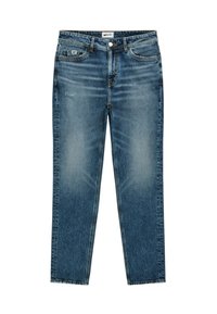 Jeans in denim blu a gamba dritta con una finitura sbiadita, design a cinque tasche, chiusura a bottone in ottone e dettagli leggermente usurati.