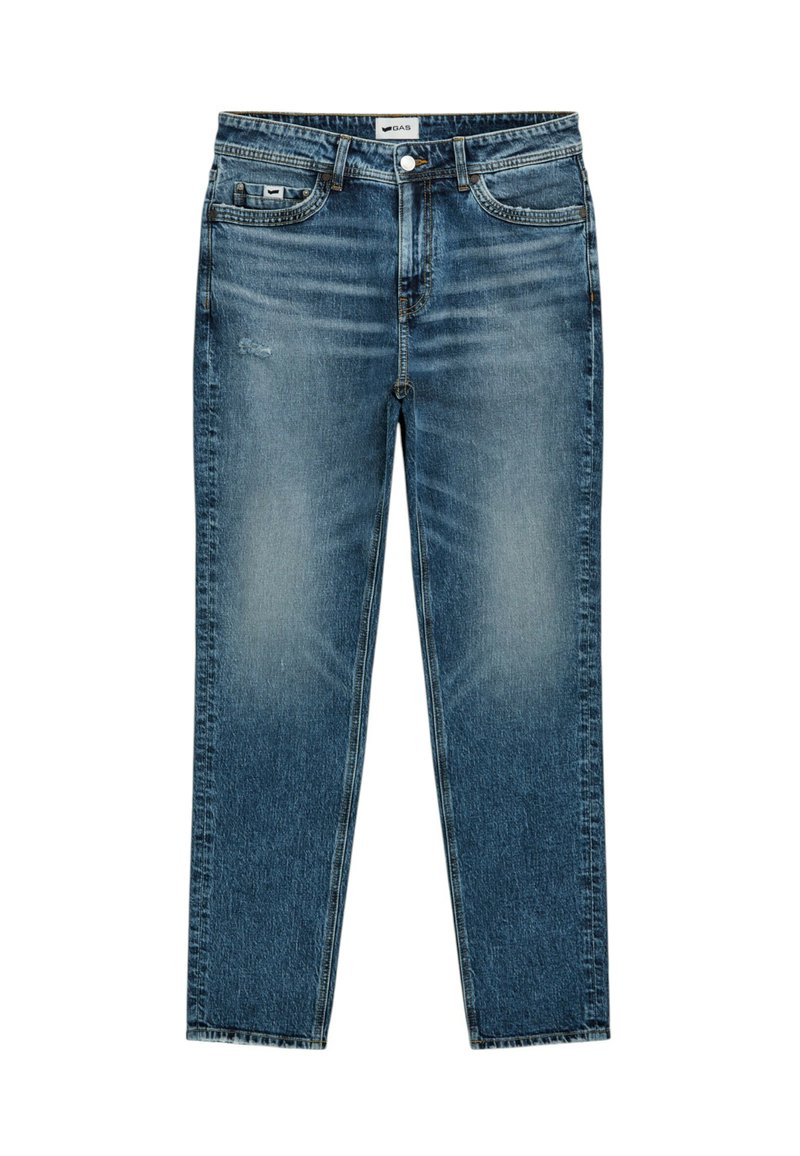 Jeans in denim blu a gamba dritta con una finitura sbiadita, design a cinque tasche, chiusura a bottone in ottone e dettagli leggermente usurati.