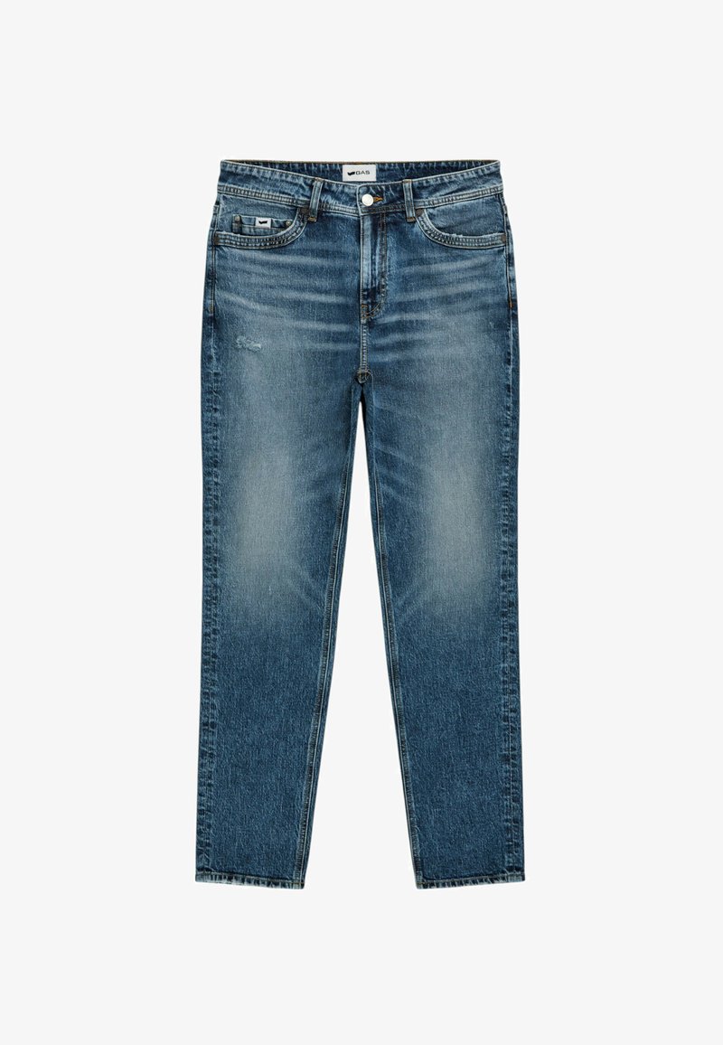 Jeans in denim blu a gamba dritta con una finitura sbiadita, design a cinque tasche, chiusura a bottone in ottone e dettagli leggermente usurati.